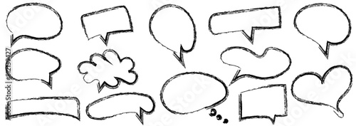 Hand drawn doodle grunge speech bubbles and dialogue emphasis. Charcoal pen line chat ballons. Marker scratch scribble wipeout. Round scrawl cloud frames. Vector illustration 
 photo