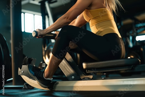 Unrecognizable sportswoman exercising on rowing machine in health club. Unrecognizable athletic woman using rowing machine during sport training n a gym. photo