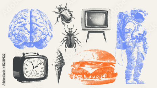 Abstract Futuristic Bitmap For Design. Brain, astronaut, burger, ice cream, bugs, TV, clock. Brutalism Y2K elements with stippling grunge effect in a trendy dotted style. 