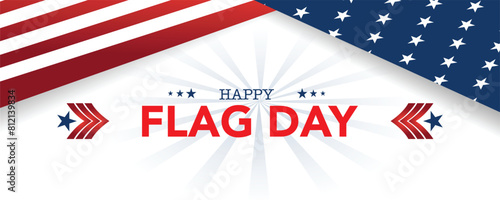 June 14th - Flag Day in the United States of America. Vector banner design template featuring the American flag and text on a white and blue background.