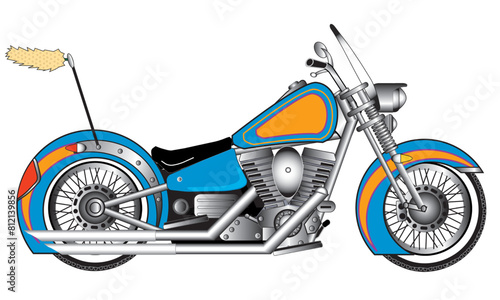 Vintage motorcycle illustration retro style, orange and blue color