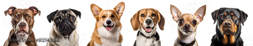Set of 6 dog puppy, Pitbull, Pug, Rottweiler, Welsh Corgi, Beagle, Chihuahua portrait head shot isolated on transparent background cutout, PNG file