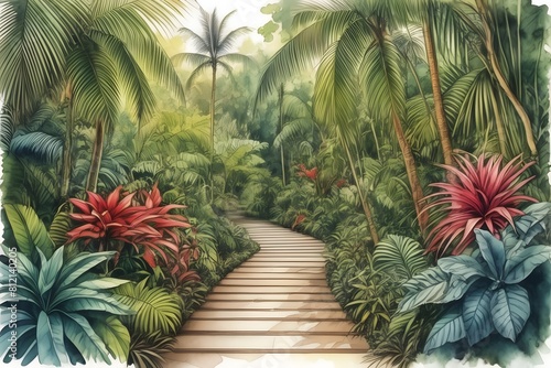 A vibrant artist's depiction of a winding path amid lush foliage in a tropical Queensland botanic garden. Australia photo