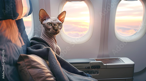 Cute Canadian Sphynx cat sitting on the seat in airplane. Pet-Friendly Airline