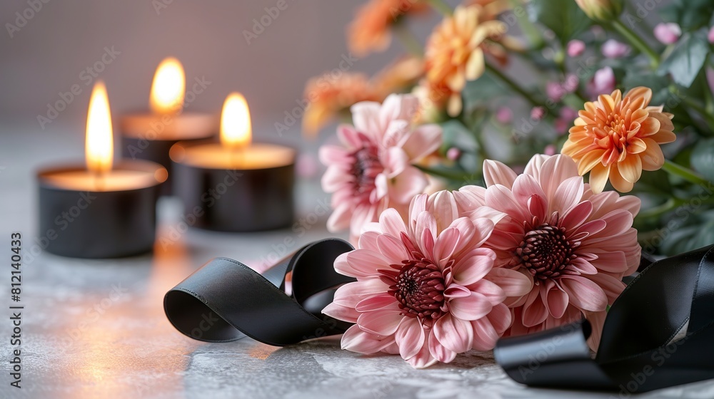 Close-up of chrysanthemum flowers with black funeral ribbon and lit candles in melancholic and sad setting. Flowers and lit candles on a light background with a black ribbon. Close-up of chrysanthemum flowers with black funeral ribbon and lit candles in melancholic and sad setting. Flowers and lit candles on a light background with a black ribbon.