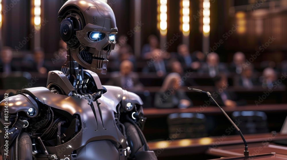 The robot lawyer is making his case in front of the court. He is using his logic and reasoning skills to convince the judge that his client is innocent. The robot lawyer is making his case in front of the court. He is using his logic and reasoning skills to convince the judge that his client is innocent.
