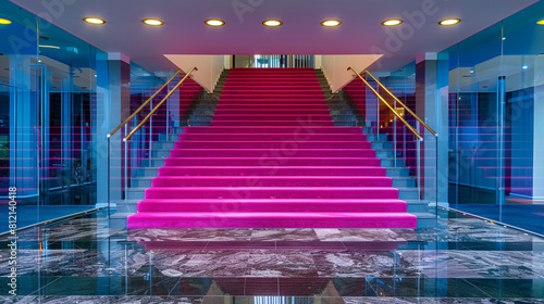 Modern luxury foyer with hot pink carpeted stairs flanked by glass panels and lit by recessed ceiling lights The polished stone floor reflects the vibrant colors photo