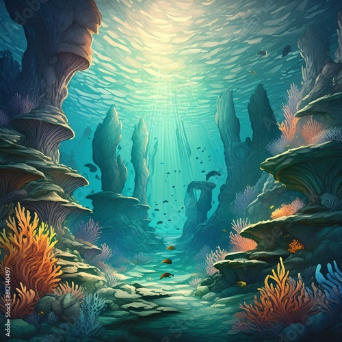 Para un fondo de pantalla de un paisaje submarino, imagina un mundo sumergido lleno de vida y color, donde la luz del sol se filtra a través de las aguas cristalinas. En el centro de la imagen, un arr photo