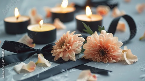 Close-up of chrysanthemum flowers with black funeral ribbon and lit candles in melancholic and sad setting. Flowers and lit candles on a light background with a black ribbon.