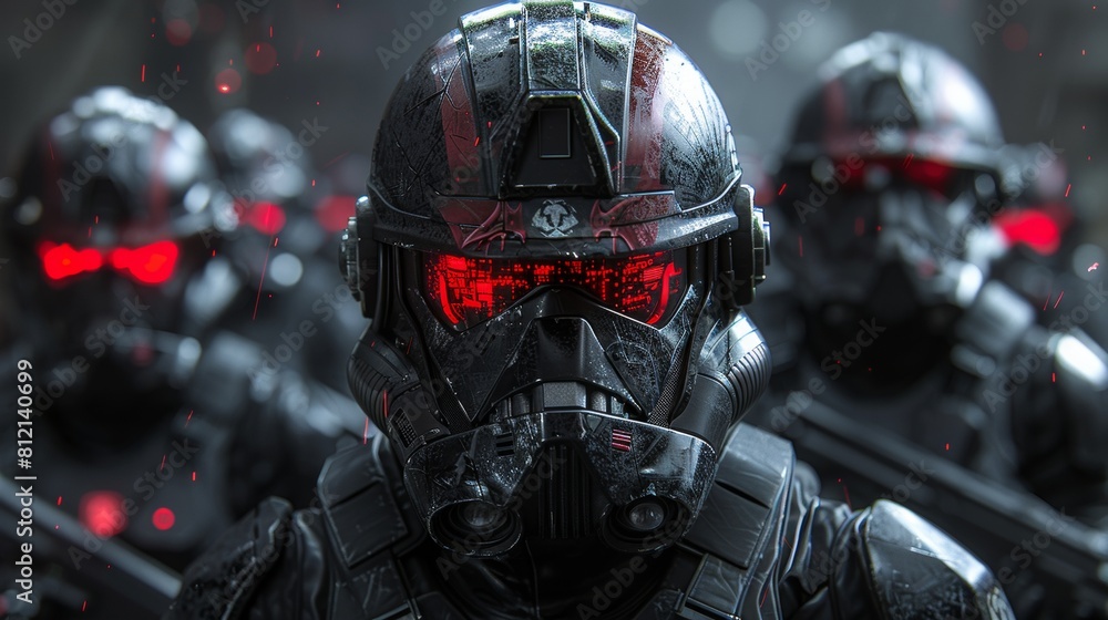 The image shows a squad of soldiers in futuristic armor The image shows a squad of soldiers in futuristic armor