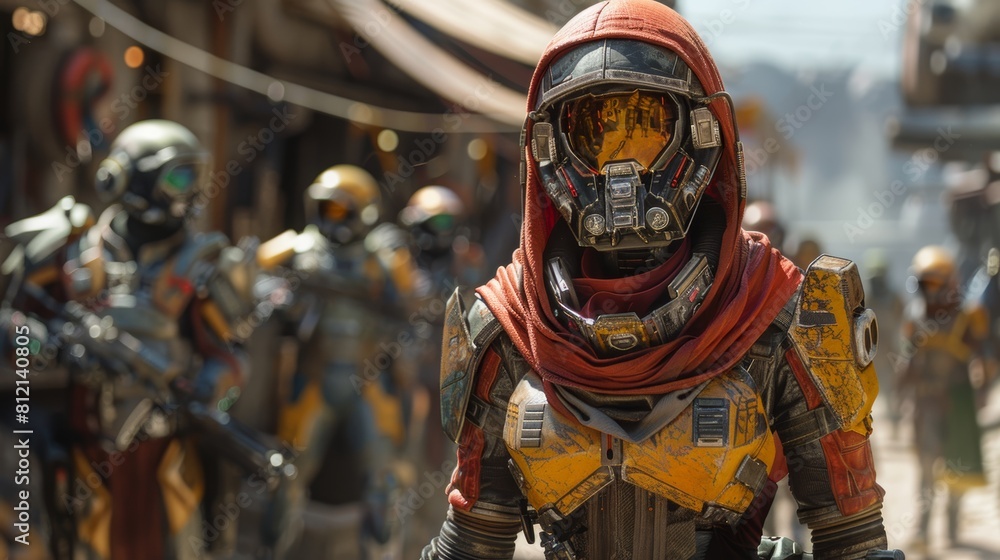 The image shows a woman wearing a futuristic soldier outfit, including a helmet with a red visor, and a weapon slung over her shoulder. The image shows a woman wearing a futuristic soldier outfit, including a helmet with a red visor, and a weapon slung over her shoulder.