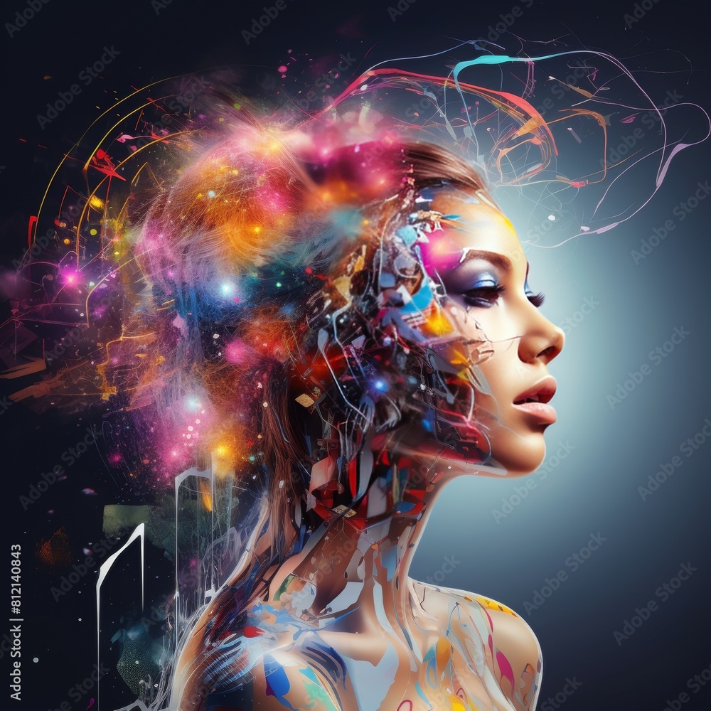 The image shows a woman with colorful lights around her head. She is looking to the right of the frame. The image is very colorful and has a lot of detail. The image shows a woman with colorful lights around her head. She is looking to the right of the frame. The image is very colorful and has a lot of detail.
