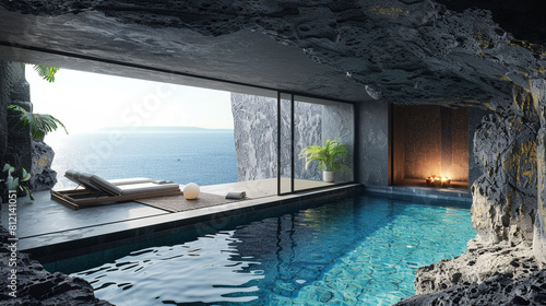 A minimalist lap pool carved from black volcanic rock.