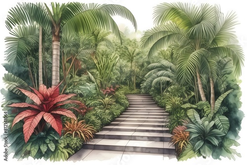 A vibrant artist s depiction of a winding path amid lush foliage in a tropical Queensland botanic garden. Australia