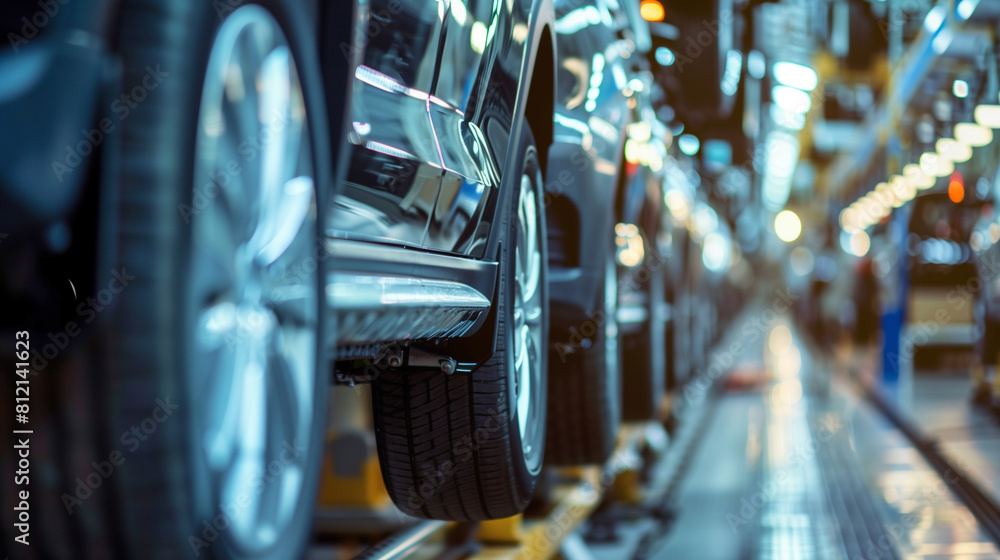 Modern Automobile Manufacturing: Close-Up Portrait of Vehicle Chassis on Production Line – Automotive Production, Manufacturing Process, Industrial Engineering Modern Automobile Manufacturing: Close-Up Portrait of Vehicle Chassis on Production Line – Automotive Production, Manufacturing Process, Industrial Engineering