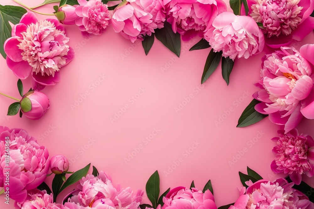 Tender peonies on pink background with copy space. Abstract natural floral frame layout with text space. Romantic feminine composition. Wedding invitation. International Women day, Mother Day concept Tender peonies on pink background with copy space. Abstract natural floral frame layout with text space. Romantic feminine composition. Wedding invitation. International Women day, Mother Day concept