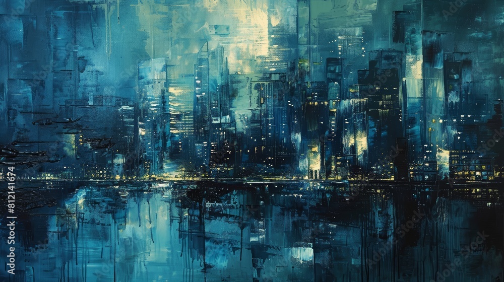 Obraz premium The painting is of a cityscape at night. The city is depicted in shades of blue and purple. The lights of the city are reflected in the water. The painting has a dreamlike quality.