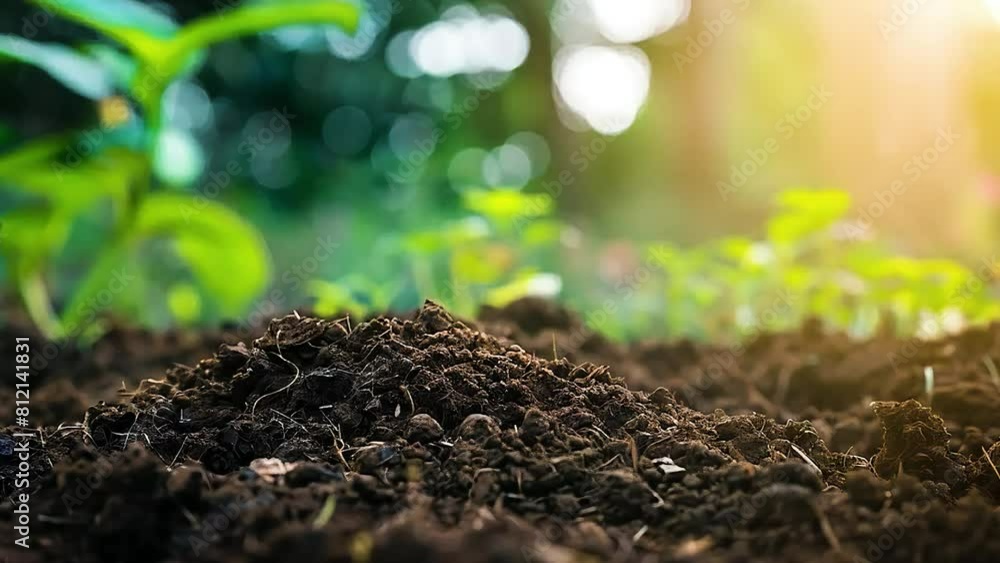 A young plant is growing in the soil , with the sun shining in the background A young plant is growing in the soil , with the sun shining in the background