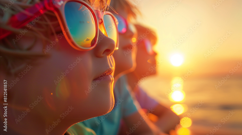 Sunset Adventurers: Close-Up Portrait of Young Boys in Sunglasses Admiring Beautiful Beach Sunset – Summer, Vacation, Fun Concept Sunset Adventurers: Close-Up Portrait of Young Boys in Sunglasses Admiring Beautiful Beach Sunset – Summer, Vacation, Fun Concept