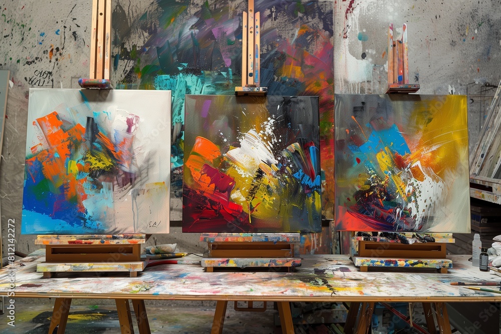 Three contemporary abstract paintings on the art studio. Nonfigurative abstract paintings of the same artistic series with colorful stains and strong brush texture. Three contemporary abstract paintings on the art studio. Nonfigurative abstract paintings of the same artistic series with colorful stains and strong brush texture.