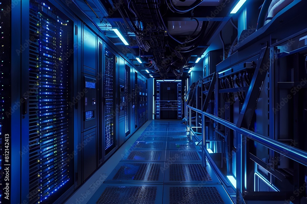 Fototapeta premium The dark interior of a server room with blue lighting and a glowing blue floor.