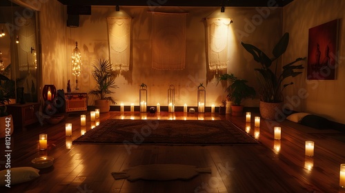 The dimly lit room is filled with the flickering of candles. The warm glow of the candles creates a relaxing and inviting atmosphere.