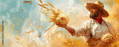 A vibrant illustration of a baker tossing wheat dough in the air, with a bold copyspace for your shop's advertisement on the right.