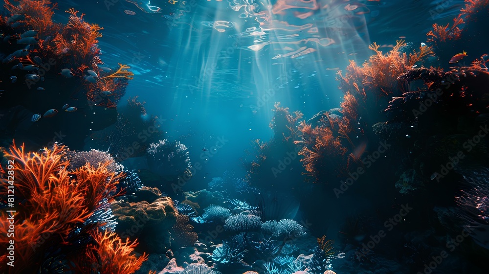 Underwater coral reef with a beautiful array of colors and sunlight streaming through the water.