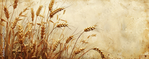 A vintage-style illustration of a wheat stalk with plump kernels, with a prominent copyspace on the left for your text.