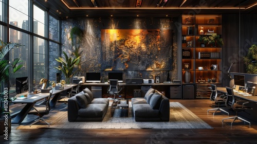 modern and dark office space with black sofas, large computer monitors on the wall, textured walls, ceiling lights, multiple people working at their desks, dark stone walls, modern furniture, black me photo