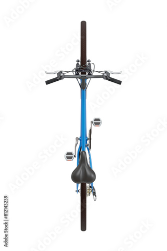 Blue bicycle, top view. Black leather saddle and handles. Png clipart isolated on transparent background