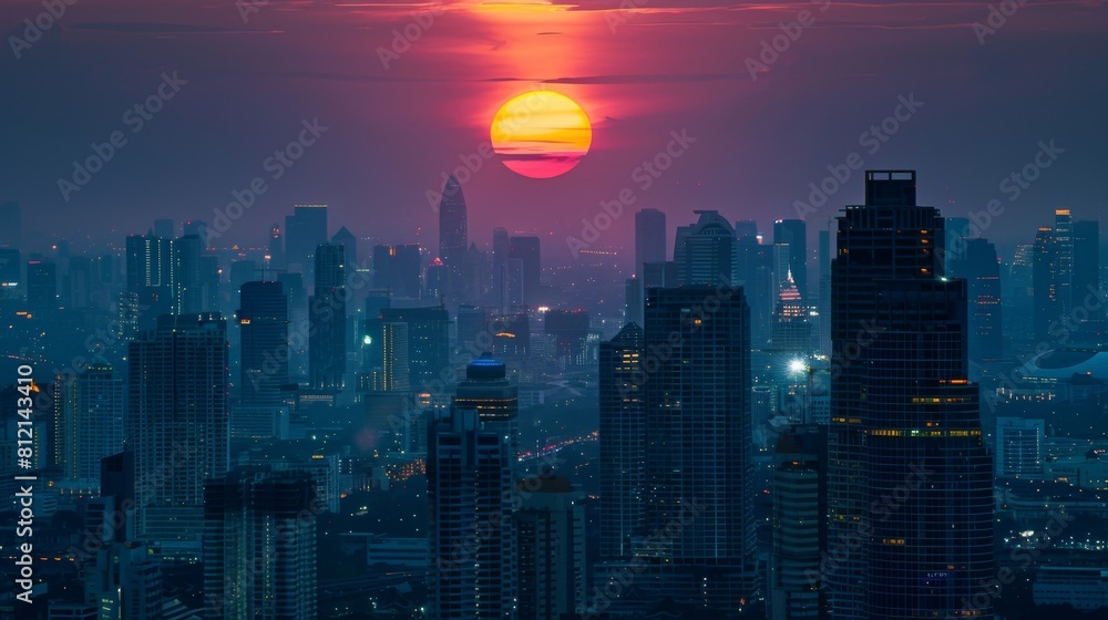 Obraz premium Cityscape with big sun and sunset on center between building at evening in Bangkok Thailand.