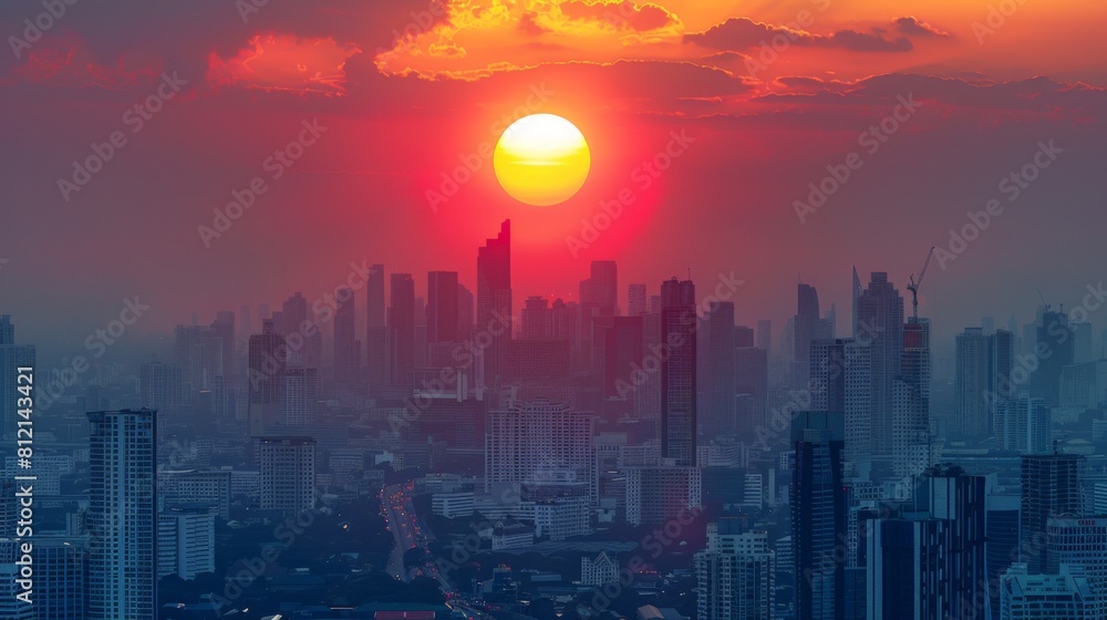 Cityscape with big sun and sunset on center between building at evening in Bangkok Thailand.