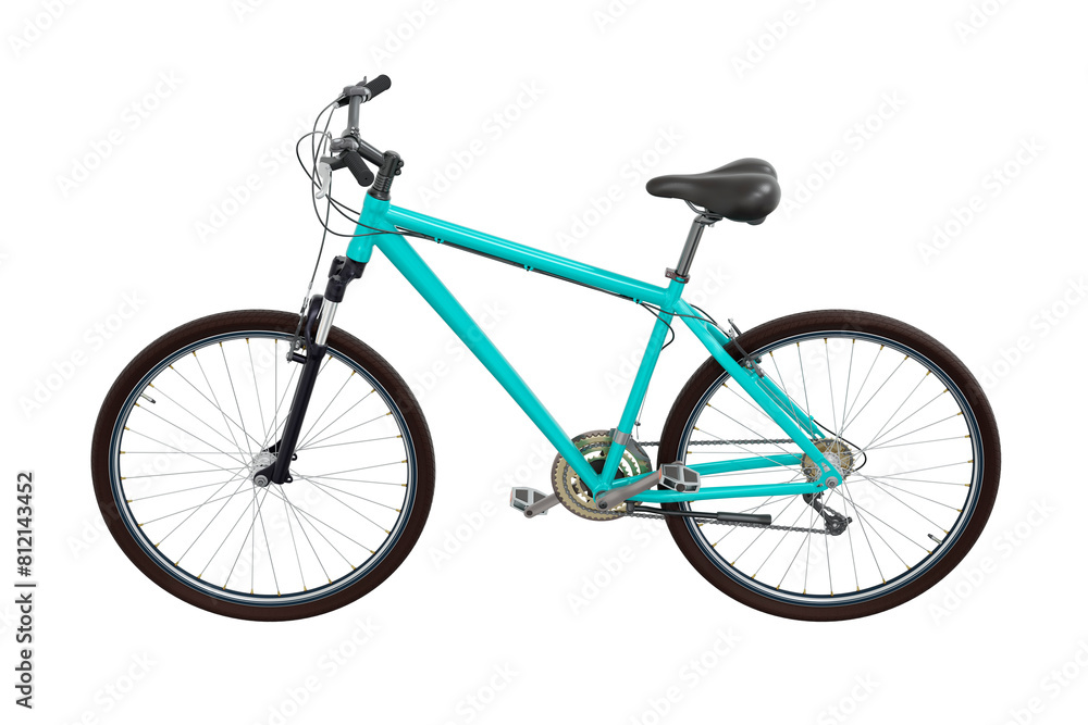 Blue teal bicycle, side view. Black leather saddle and handles. Png clipart isolated on transparent background