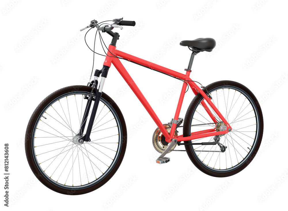 Red bicycle, side front view. Black leather saddle and handles. Png clipart isolated on transparent background
