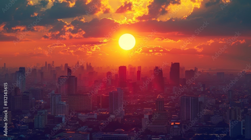 Cityscape with big sun and sunset on center between building at evening in Bangkok Thailand. Cityscape with big sun and sunset on center between building at evening in Bangkok Thailand.