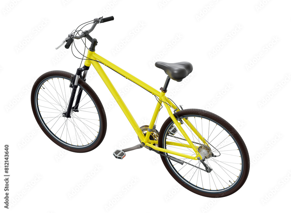 Yellow bicycle, side top view. Black leather saddle and handles. Png clipart isolated on transparent background