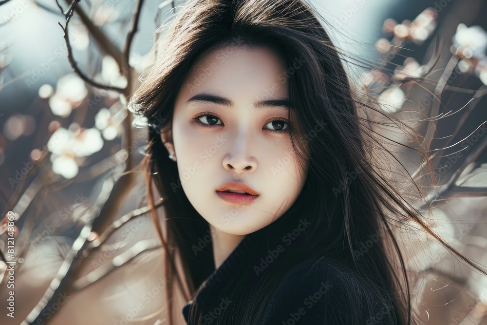 Close-up portrait of a young asian woman with a serene and peaceful expression. Surrounded by the soft and dreamy beauty of nature Close-up portrait of a young asian woman with a serene and peaceful expression. Surrounded by the soft and dreamy beauty of nature