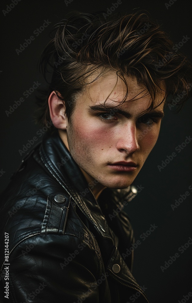 Fototapeta premium A young man with spiky hair wearing a black leather jacket, against a dark background.