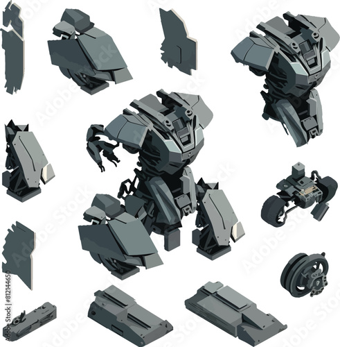 Disassembled robot mech style concept illustration. Indie game design vector graphics.