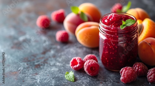 A jar of raspberry jam surrounded by raspberries and apricots on a table