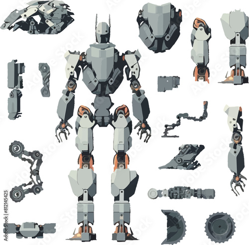 Disassembled robot mech style concept illustration. Indie game design vector graphics.