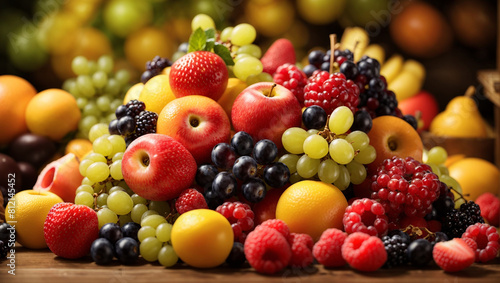 There is a pile of fruit on a wooden table against a dark background. There are apples  grapes  strawberries  blueberries  raspberries  and blackberries.  
