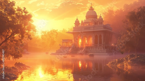 Serene Brahma temple at sunrise, the golden light reflecting the spiritual ambiance of the place