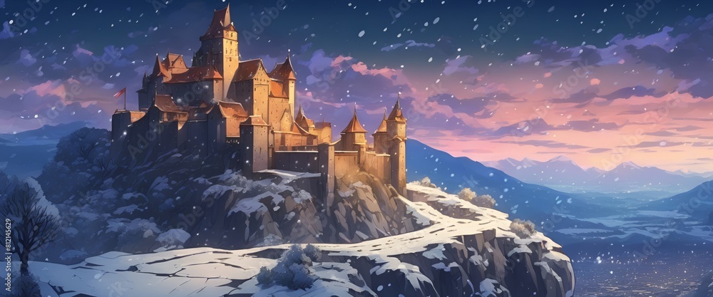 Medieval Fantasy Castle in the Snowy Blue Night Sky Anime Fantasy Style Illustration Ultrawide Wallpaper