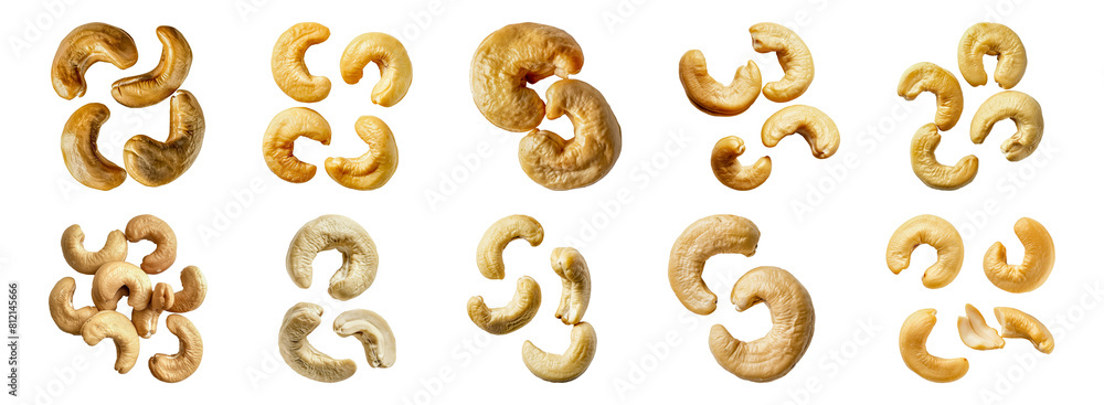 Set of Various angles of isolated cashew nuts for healthy snacking and cooking isolated transparent PNG background Set of Various angles of isolated cashew nuts for healthy snacking and cooking isolated transparent PNG background