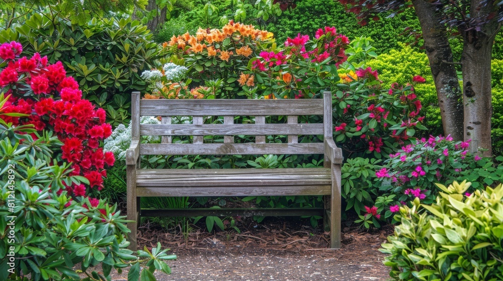 Quaint wooden bench nestled among vibrant flowering bushes in a lush garden, inviting tranquility