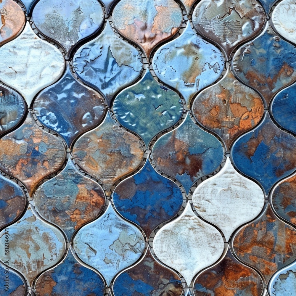 Scale Pattern Brick geometric, brick style, pattern, terracotta color scales, blue, with ...