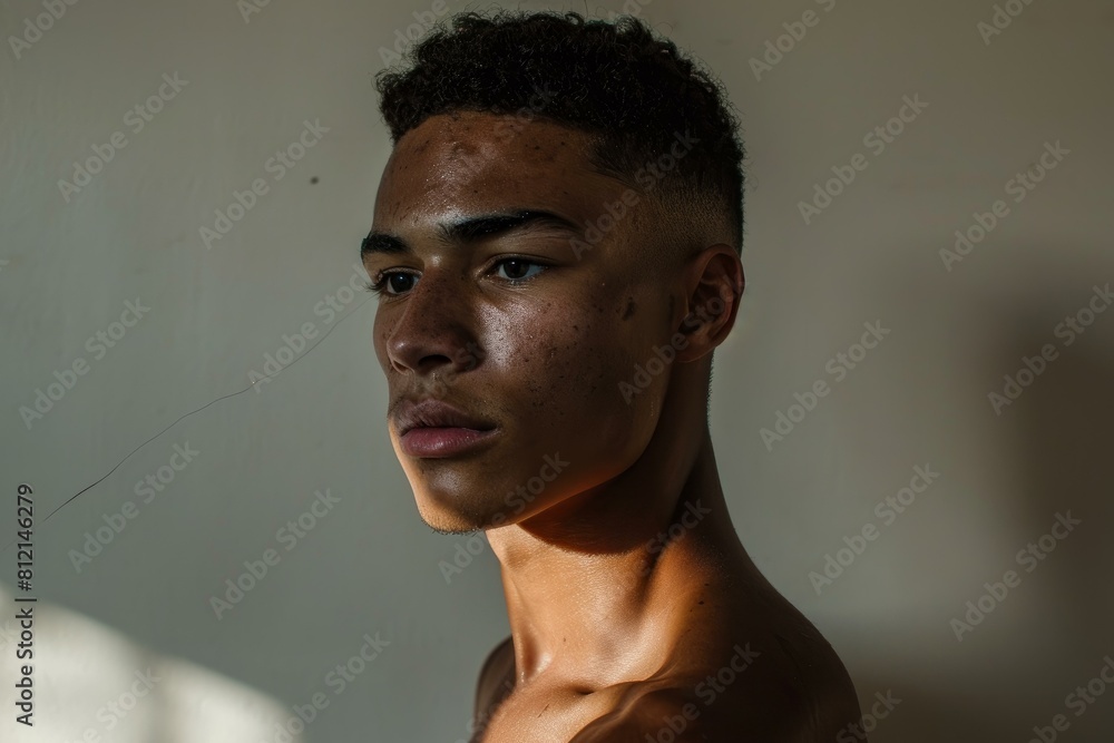 Obraz premium Portrait of a thoughtful young man with shadows and light playing on his face