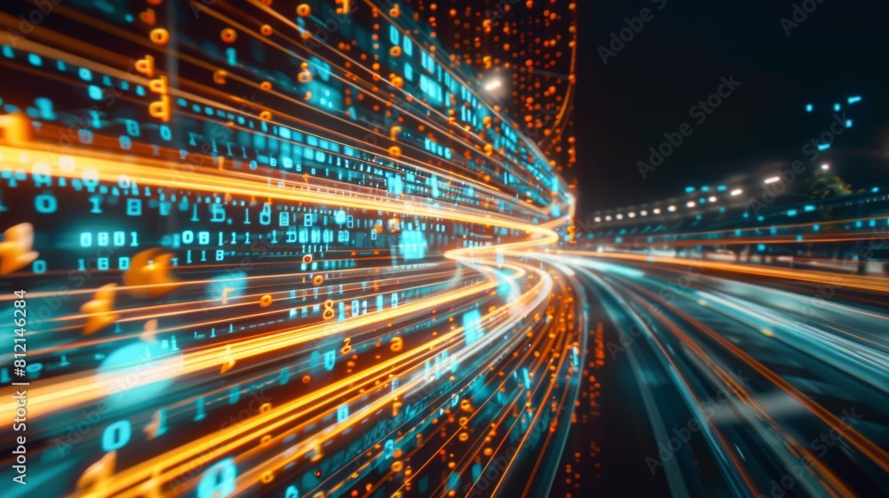 Digital data flow on road with motion blur to create vision of fast speed transfer . Concept of future digital transformation , disruptive innovation and agile business methodology . Digital data flow on road with motion blur to create vision of fast speed transfer . Concept of future digital transformation , disruptive innovation and agile business methodology .